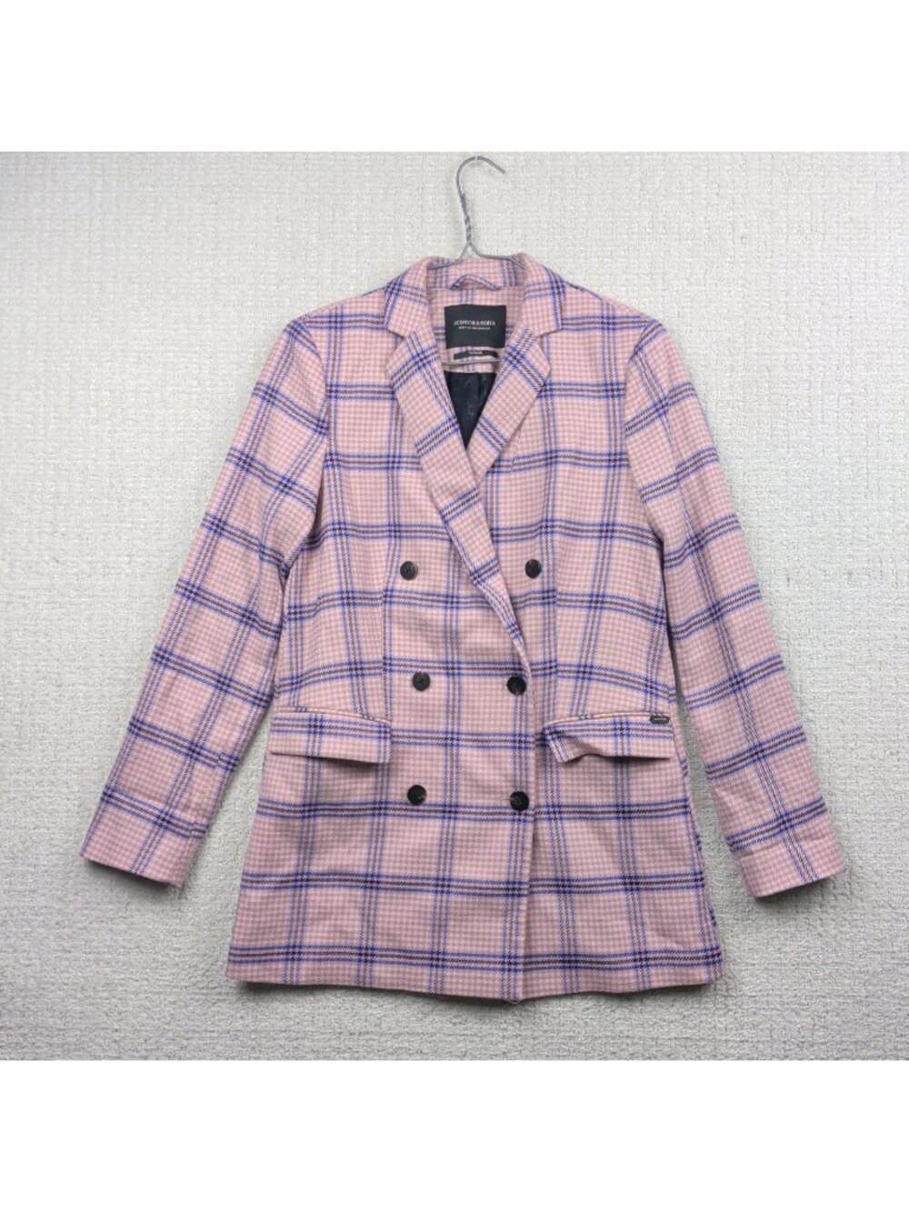 Y2K Scotch & Soda Voyage Double Breasted Blazer Houndstooth Plaid Pink Wom Sz XS